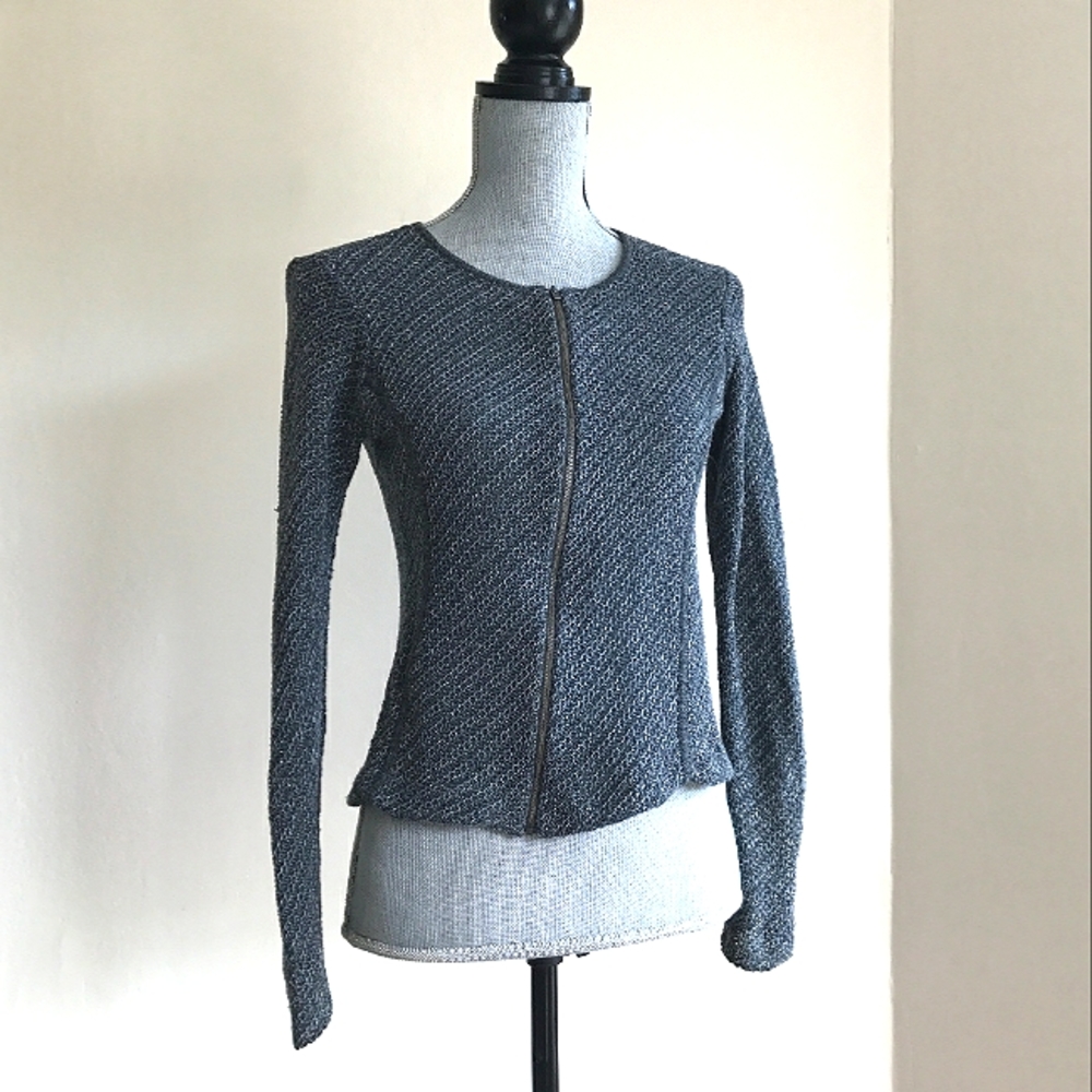 Eileen Fisher Linen Italian Yarn Asymmetrical Full Zip Sweater Jacket Grey Gray